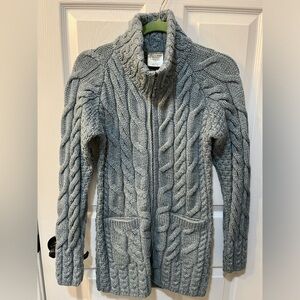 Kilronan Knitwear Ladies Zip Aran Merino Wool Long Cardigan Ireland. Size S Blue